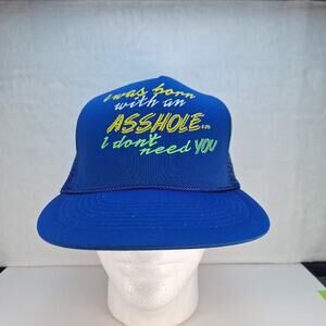 Vintage Funny Saying Trucker Hat Cap Mesh Snapback Blue "I Was Born With An"